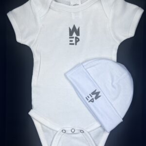 White colored baby suit and hat combo with EPW logo