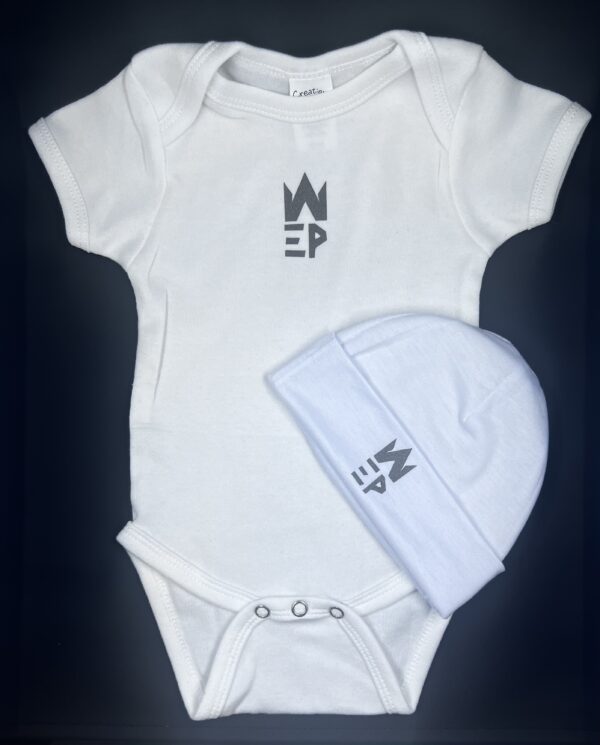 White colored baby suit and hat combo with EPW logo