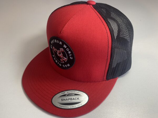 A red black hat with EI Patron world logo