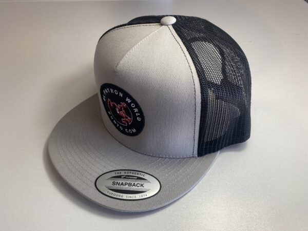 A silver color hat with black color solid mesh