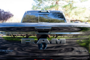 Close view of the logo of ram truck