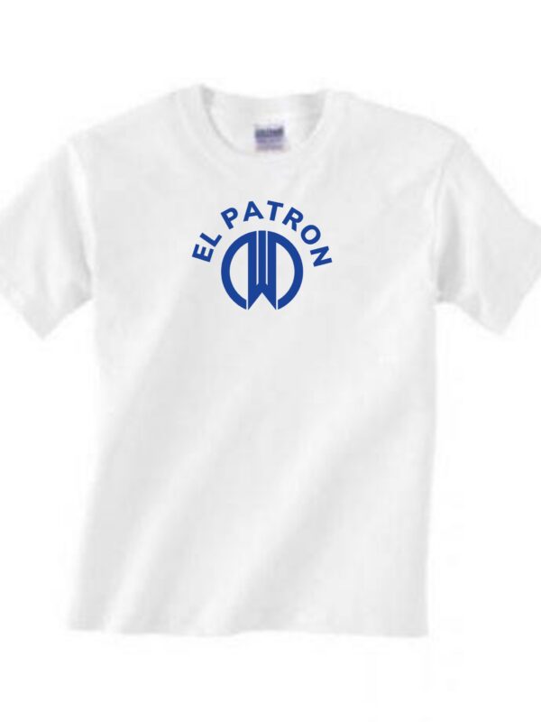 White colored t shirt with EI Patron world logo in blue