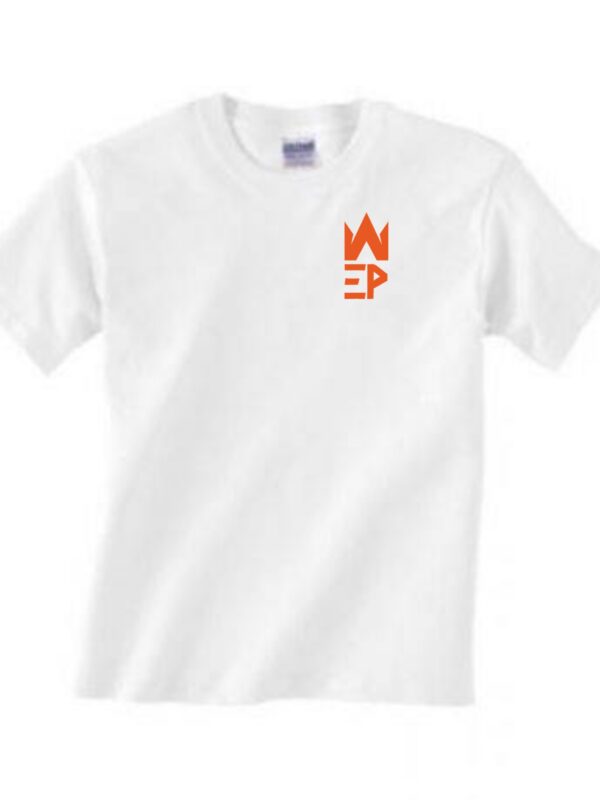 A white colored t shirt with EP orange color logo