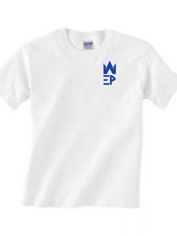 A white colored t shirt with EP blue color logo