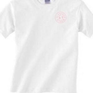 A white colored round neck t shirt with a logo