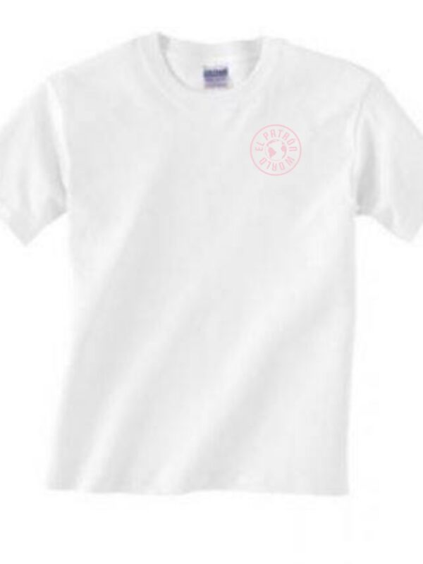 A white colored round neck t shirt with a logo