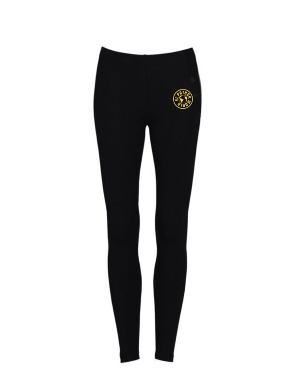 A solid black colored legging with EI Patron world logo