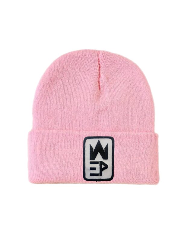 Pink colored beanies with EPW logo in black color