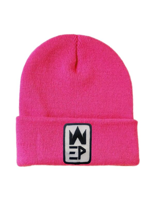 Dark pink colored beanies with EPW logo in black