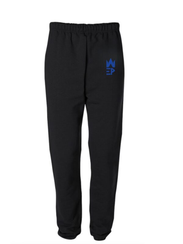 Black colored sweat pants for men with EP logo in blue