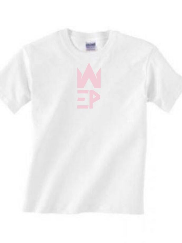 White colored round neck t shirt with EPW pink logo