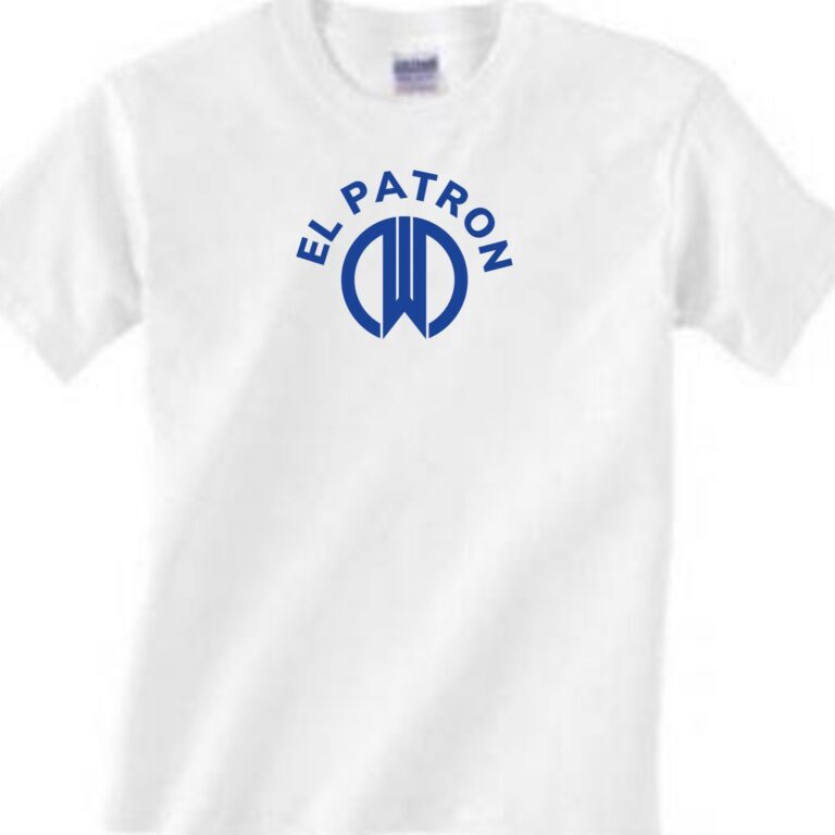 White colored t shirt with EI Patron world logo in blue