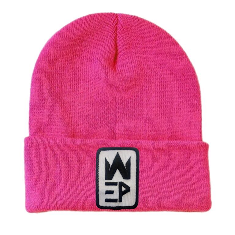 Dark pink colored beanies with EPW logo in black